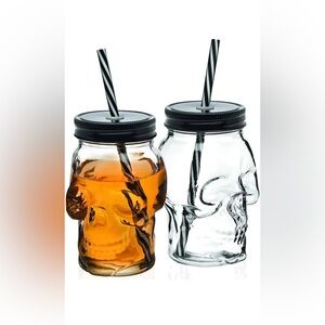Halloween Decor Skull Mason Jar Glass Tumbler w/ Lid & Straw 16oz Set of 2- NWT
